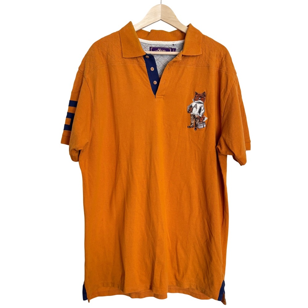 AKOO‎ Mens Orange Graphic Fox Print Polo Shirt 3XL Cotton Rugby Style Preppy Y2K